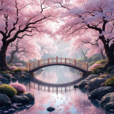 The primary subject of the image is a bridge with a wooden fence, surrounded by a beautiful pink flower garden. The setting is a serene, picturesque landscape with a body of water nearby. The visual style is a painting, which creates a sense of tranquility and harmony with nature. The dominant colors are pink and white, giving the scene a soft, romantic atmosphere.